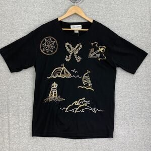 Victoria Harbour Top Womens Medium Black Gold Beaded Ocean Designs NEW